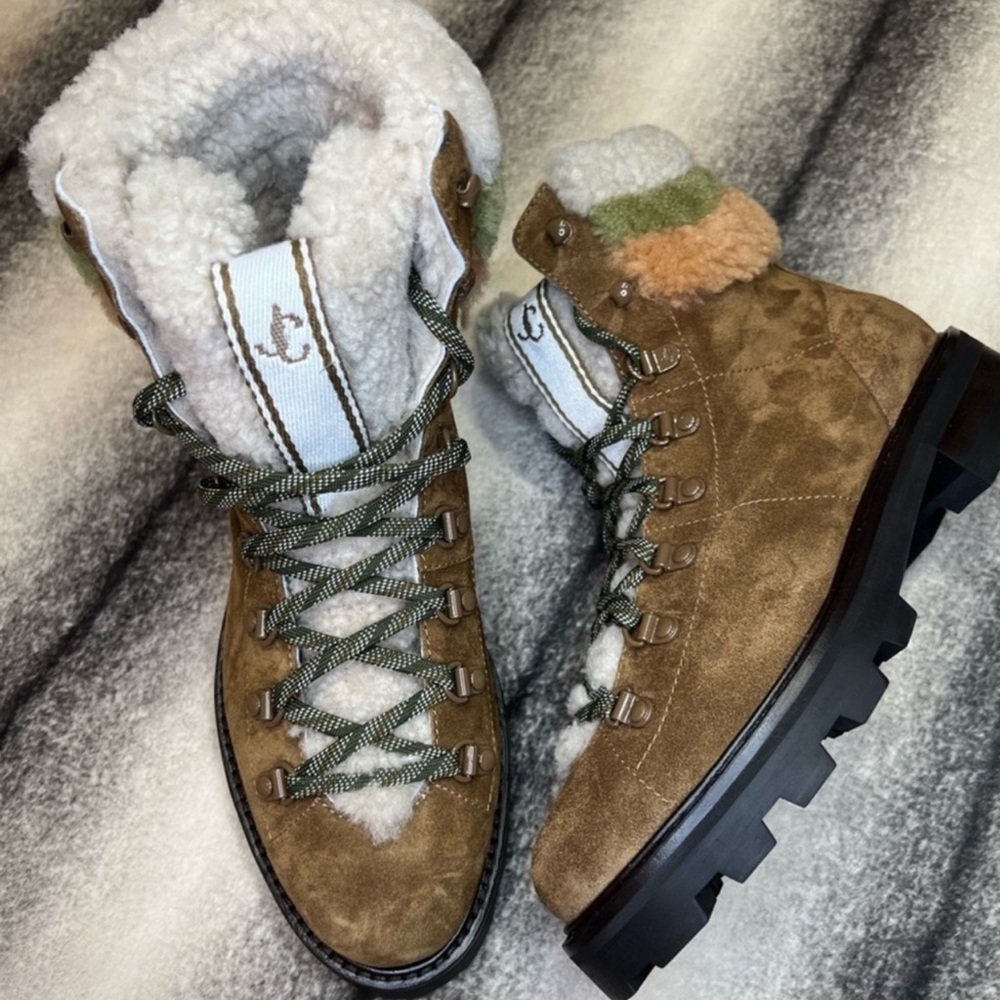 Jimmy Choo Eshe Shearling Lace Up Combat Clove Nutmeg Suede Leather Boots
